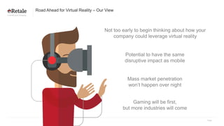 Page
a bonial.com company
Road Ahead for Virtual Reality – Our View
Potential to have the same
disruptive impact as mobile
Mass market penetration
won’t happen over night
Gaming will be first,
but more industries will come
Not too early to begin thinking about how your
company could leverage virtual reality
 