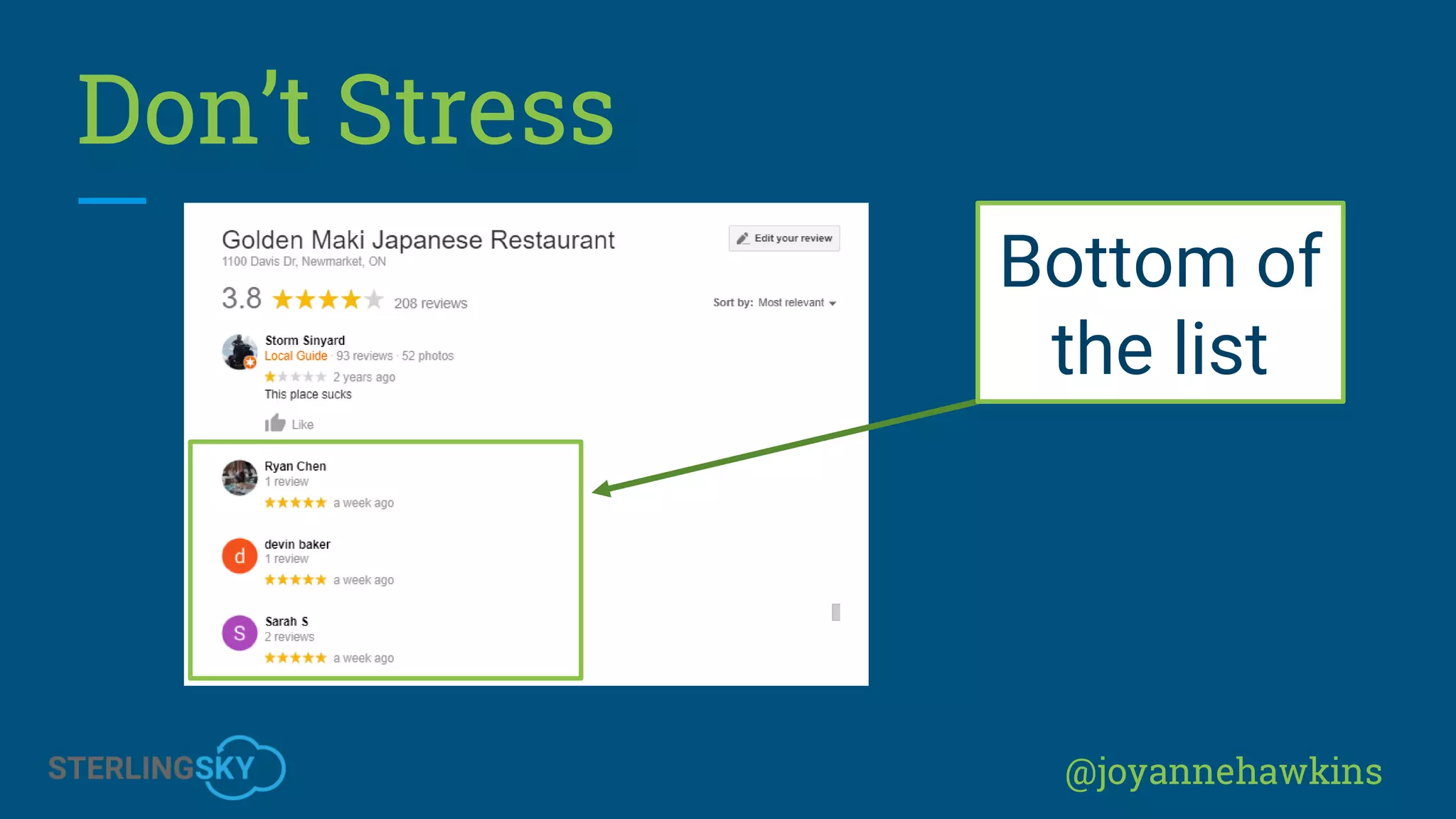 @joyannehawkins
Don’t Stress
Bottom of
the list
 