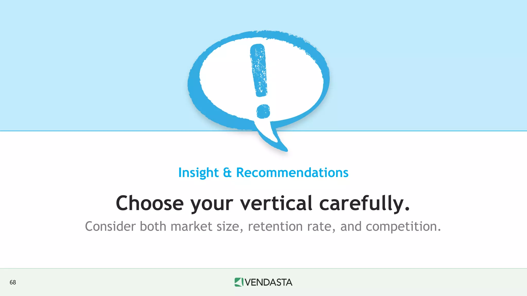 Insight & Recommendations
Choose your vertical carefully.
Consider both market size, retention rate, and competition.
68
 