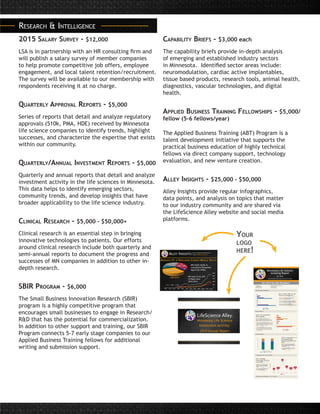 2015 Salary Survey - $12,000
LSA is in partnership with an HR consulting firm and
will publish a salary survey of member companies
to help promote competitive job offers, employee
engagement, and local talent retention/recruitment.
The survey will be available to our membership with
respondents receiving it at no charge.
Quarterly Approval Reports - $5,000
Series of reports that detail and analyze regulatory
approvals (510k, PMA, HDE) received by Minnesota
life science companies to identify trends, highlight
successes, and characterize the expertise that exists
within our community.
Quarterly/Annual Investment Reports - $5,000
Quarterly and annual reports that detail and analyze
investment activity in the life sciences in Minnesota.
This data helps to identify emerging sectors,
community trends, and develop insights that have
broader applicability to the life science industry.
Clinical Research - $5,000 - $50,000+
Clinical research is an essential step in bringing
innovative technologies to patients. Our efforts
around clinical research include both quarterly and
semi-annual reports to document the progress and
successes of MN companies in addition to other in-
depth research.
SBIR Program - $6,000
The Small Business Innovation Research (SBIR)
program is a highly competitive program that
encourages small businesses to engage in Research/
R&D that has the potential for commercialization.
In addition to other support and training, our SBIR
Program connects 5-7 early stage companies to our
Applied Business Training fellows for additional
writing and submission support.
Capability Briefs - $3,000 each
The capability briefs provide in-depth analysis
of emerging and established industry sectors
in Minnesota. Identified sector areas include:
neuromodulation, cardiac active implantables,
tissue based products, research tools, animal health,
diagnostics, vascular technologies, and digital
health.
Applied Business Training Fellowships - $5,000/
fellow (5-6 fellows/year)
The Applied Business Training (ABT) Program is a
talent development initiative that supports the
practical business education of highly technical
fellows via direct company support, technology
evaluation, and new venture creation.
Alley Insights - $25,000 - $50,000
Alley Insights provide regular infographics,
data points, and analysis on topics that matter
to our industry community and are shared via
the LifeScience Alley website and social media
platforms.
Research & Intelligence
Minnesota Life Science
Investment Activity:
2014 Annual Report
Your
logo
here!
 