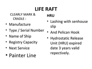 LIFE RAFT
CLEARLY MARK &
CRADLE :
• Manufacture
• Type / Serial Number
• Name of Ship
• Registry Capacity
• Next Service
• Painter Line
HRU
• Lashing with senhouse
slip
• And Pelican Hook
• Hydrostatic Release
Unit (HRU) expired
date 3 years valid
repectively.
 