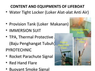 CONTENT AND EQUIPMENTS OF LIFEBOAT
• Water Tight Locker (Loker Alat-alat Anti Air)
• Provision Tank (Loker Makanan)
• IMMERSION SUIT
• TPA, Thermal Protective Aid
(Baju Penghangat Tubuh)
PYROTECHNIC
• Rocket Parachute Signal
• Red Hand Flare
• Buoyant Smoke Signal
Buoyant Smoke
Signal
Red Hand
FlareRocket
Parachute
Flare
 