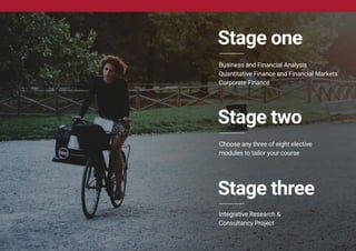 Stage one
Business and Financial Analysis
Quantitative Finance and Financial Markets
Corporate Finance
Stage two
Choose any three of eight elective
modules to tailor your course
Stage three
Integrative Research &
Consultancy Project
 