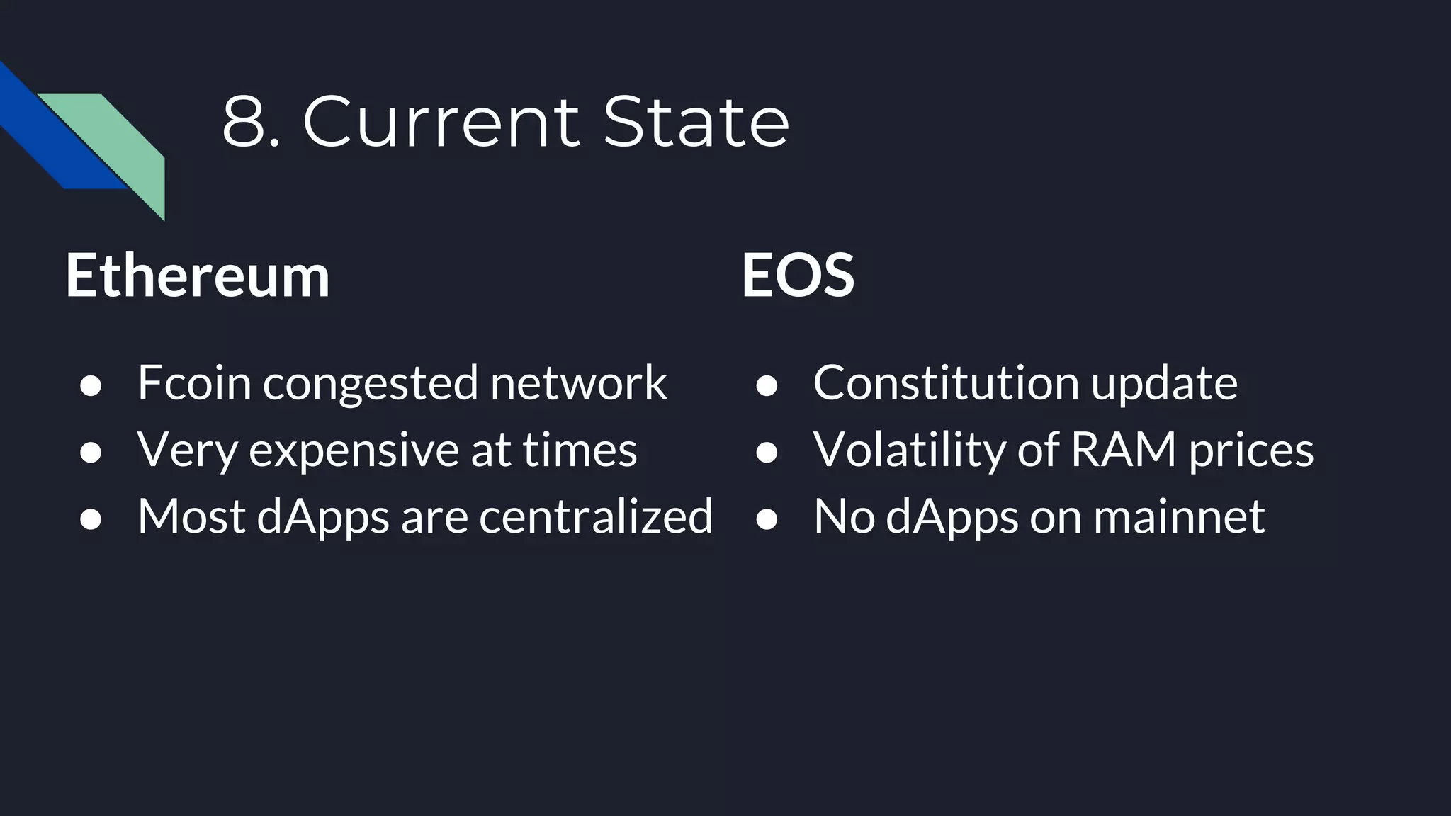 8. Current State
Ethereum
● Fcoin congested network
● Very expensive at times
● Most dApps are centralized
EOS
● Constitution update
● Volatility of RAM prices
● No dApps on mainnet
 