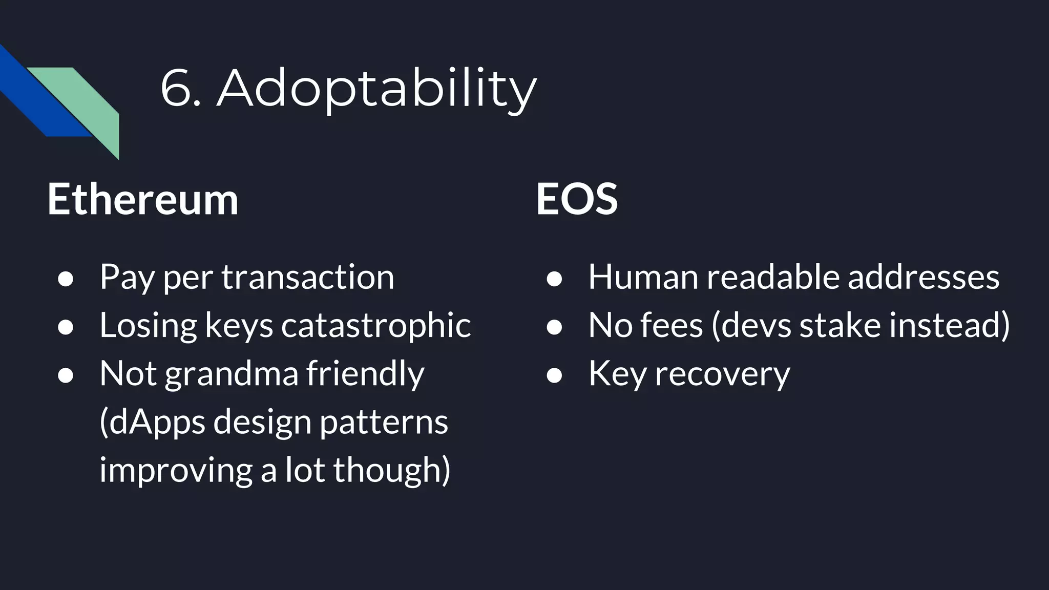 6. Adoptability
Ethereum
● Pay per transaction
● Losing keys catastrophic
● Not grandma friendly
(dApps design patterns
improving a lot though)
EOS
● Human readable addresses
● No fees (devs stake instead)
● Key recovery
 