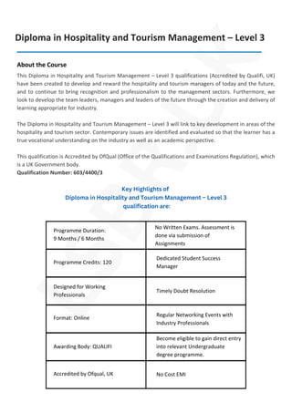 Level 3 Diploma in Hospitality and Tourism Management - Delivered ...