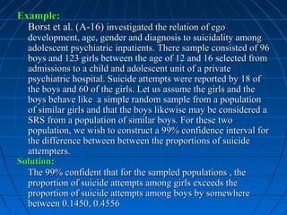 Example:
  Borst et al. (A-16) investigated the relation of ego
  development, age, gender and diagnosis to suicidality among
  adolescent psychiatric inpatients. There sample consisted of 96
  boys and 123 girls between the age of 12 and 16 selected from
  admissions to a child and adolescent unit of a private
  psychiatric hospital. Suicide attempts were reported by 18 of
  the boys and 60 of the girls. Let us assume the girls and the
  boys behave like a simple random sample from a population
  of similar girls and that the boys likewise may be considered a
  SRS from a population of similar boys. For these two
  population, we wish to construct a 99% confidence interval for
  the difference between between the proportions of suicide
  attempters.
Solution:
  The 99% confident that for the sampled populations , the
  proportion of suicide attempts among girls exceeds the
  proportion of suicide attempts among boys by somewhere
  between 0.1450, 0.4556
 