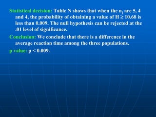 Statistical decision: Table N shows that when the nj are 5, 4
   and 4, the probability of obtaining a value of H ≥ 10.68 is
   less than 0.009. The null hypothesis can be rejected at the
   .01 level of significance.
Conclusion: We conclude that there is a difference in the
   average reaction time among the three populations.
p value: p < 0.009.
 