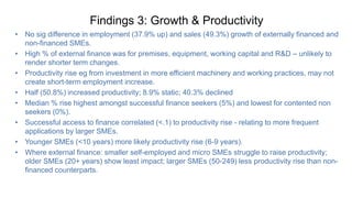 Findings 3: Growth & Productivity
• No sig difference in employment (37.9% up) and sales (49.3%) growth of externally financed and
non-financed SMEs.
• High % of external finance was for premises, equipment, working capital and R&D – unlikely to
render shorter term changes.
• Productivity rise eg from investment in more efficient machinery and working practices, may not
create short-term employment increase.
• Half (50.8%) increased productivity; 8.9% static; 40.3% declined
• Median % rise highest amongst successful finance seekers (5%) and lowest for contented non
seekers (0%).
• Successful access to finance correlated (<.1) to productivity rise - relating to more frequent
applications by larger SMEs.
• Younger SMEs (<10 years) more likely productivity rise (6-9 years).
• Where external finance: smaller self-employed and micro SMEs struggle to raise productivity;
older SMEs (20+ years) show least impact; larger SMEs (50-249) less productivity rise than non-
financed counterparts.
 