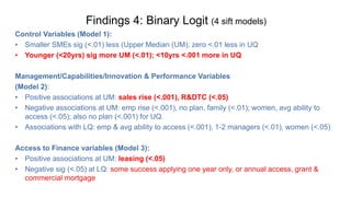 Findings 4: Binary Logit (4 sift models)
Control Variables (Model 1):
• Smaller SMEs sig (<.01) less (Upper Median (UM); zero <.01 less in UQ
• Younger (<20yrs) sig more UM (<.01); <10yrs <.001 more in UQ
Management/Capabilities/Innovation & Performance Variables
(Model 2):
• Positive associations at UM: sales rise (<.001), R&DTC (<.05)
• Negative associations at UM: emp rise (<.001), no plan, family (<.01); women, avg ability to
access (<.05); also no plan (<.001) for UQ.
• Associations with LQ: emp & avg ability to access (<.001), 1-2 managers (<.01), women (<.05)
Access to Finance variables (Model 3):
• Positive associations at UM: leasing (<.05)
• Negative sig (<.05) at LQ: some success applying one year only, or annual access, grant &
commercial mortgage
 