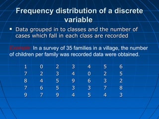 Frequency distribution of a discrete
                variable
   Data grouped in to classes and the number of
    cases which fall in each class are recorded

Example: In a survey of 35 families in a village, the number
of children per family was recorded data were obtained.

       1     0      2      3     4      5      6
       7     2      3      4     0      2      5
       8     4      5      9     6      3      2
       7     6      5      3     3      7      8
       9     7      9      4     5      4      3
 