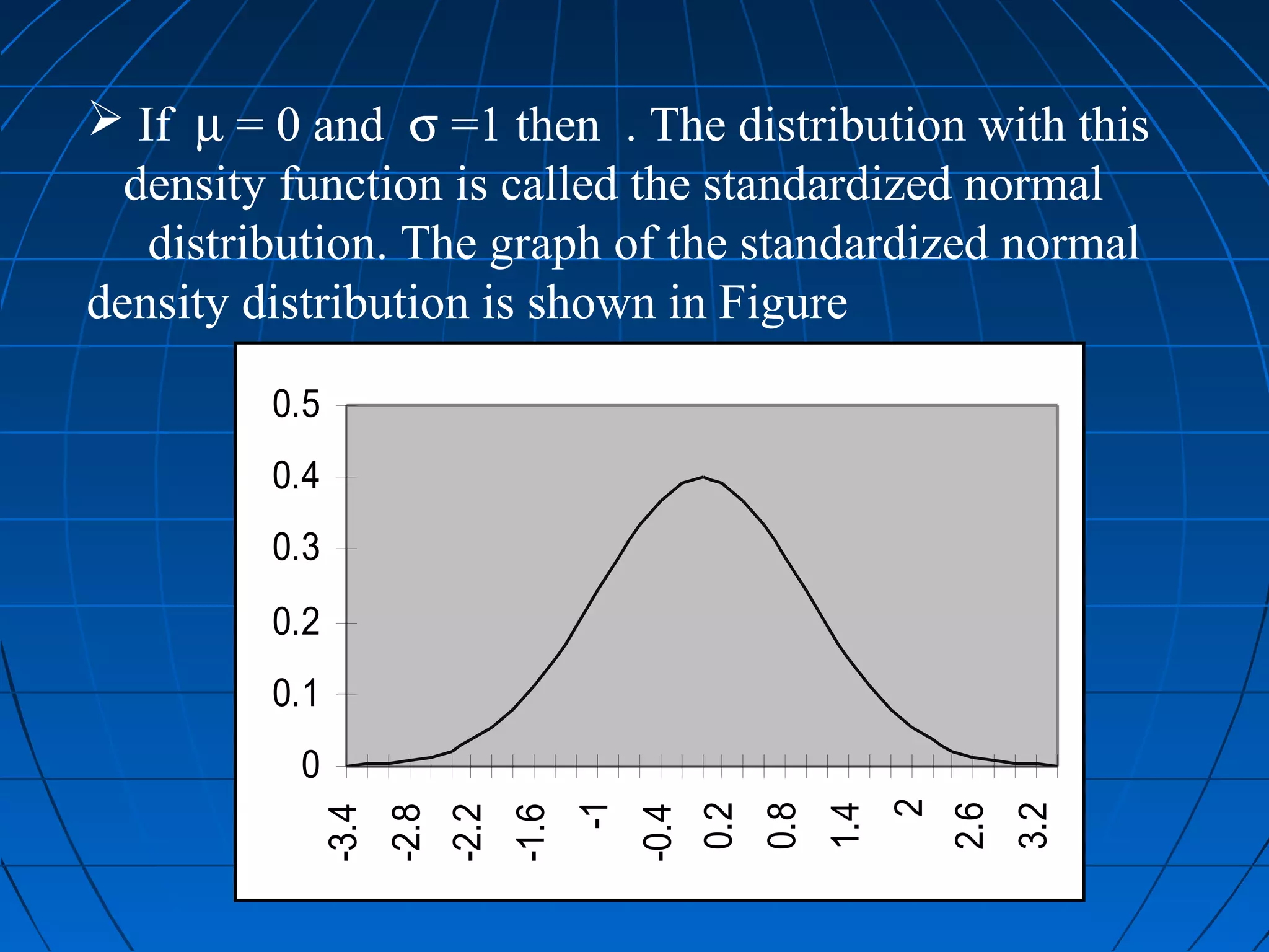  If µ = 0 and σ =1 then . The distribution with this
  density function is called the standardized normal
   distribution. The graph of the standardized normal
density distribution is shown in Figure

         0.5
         0.4
         0.3
         0.2
         0.1
          0


                                                                         2
                                           -1


                                                       0.2
                                                             0.8
                                                                   1.4


                                                                             2.6
                                                                                   3.2
               -3.4
                      -2.8
                             -2.2
                                    -1.6


                                                -0.4
 