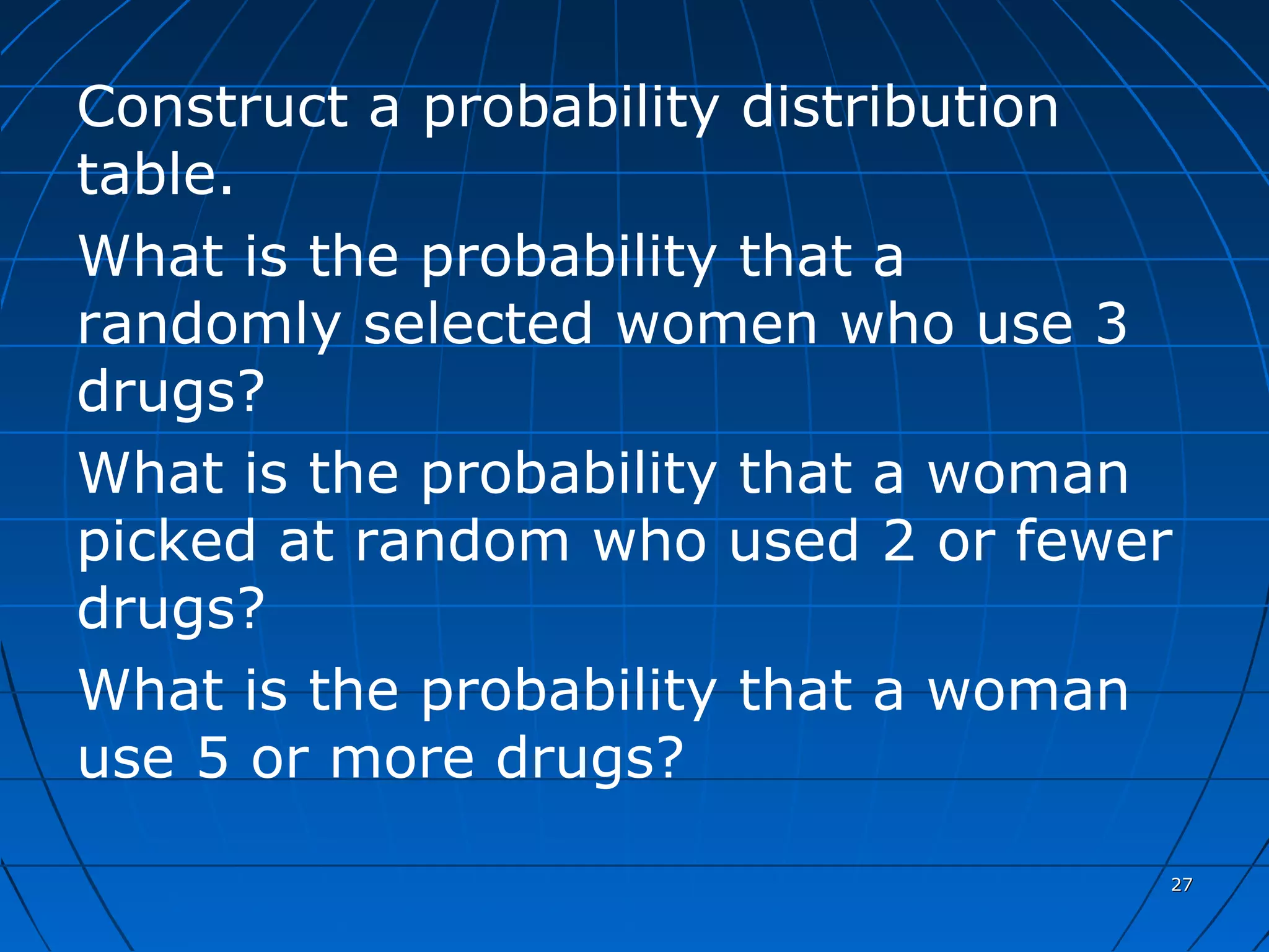 Construct a probability distribution
table.
What is the probability that a
randomly selected women who use 3
drugs?
What is the probability that a woman
picked at random who used 2 or fewer
drugs?
What is the probability that a woman
use 5 or more drugs?

                                   27
 