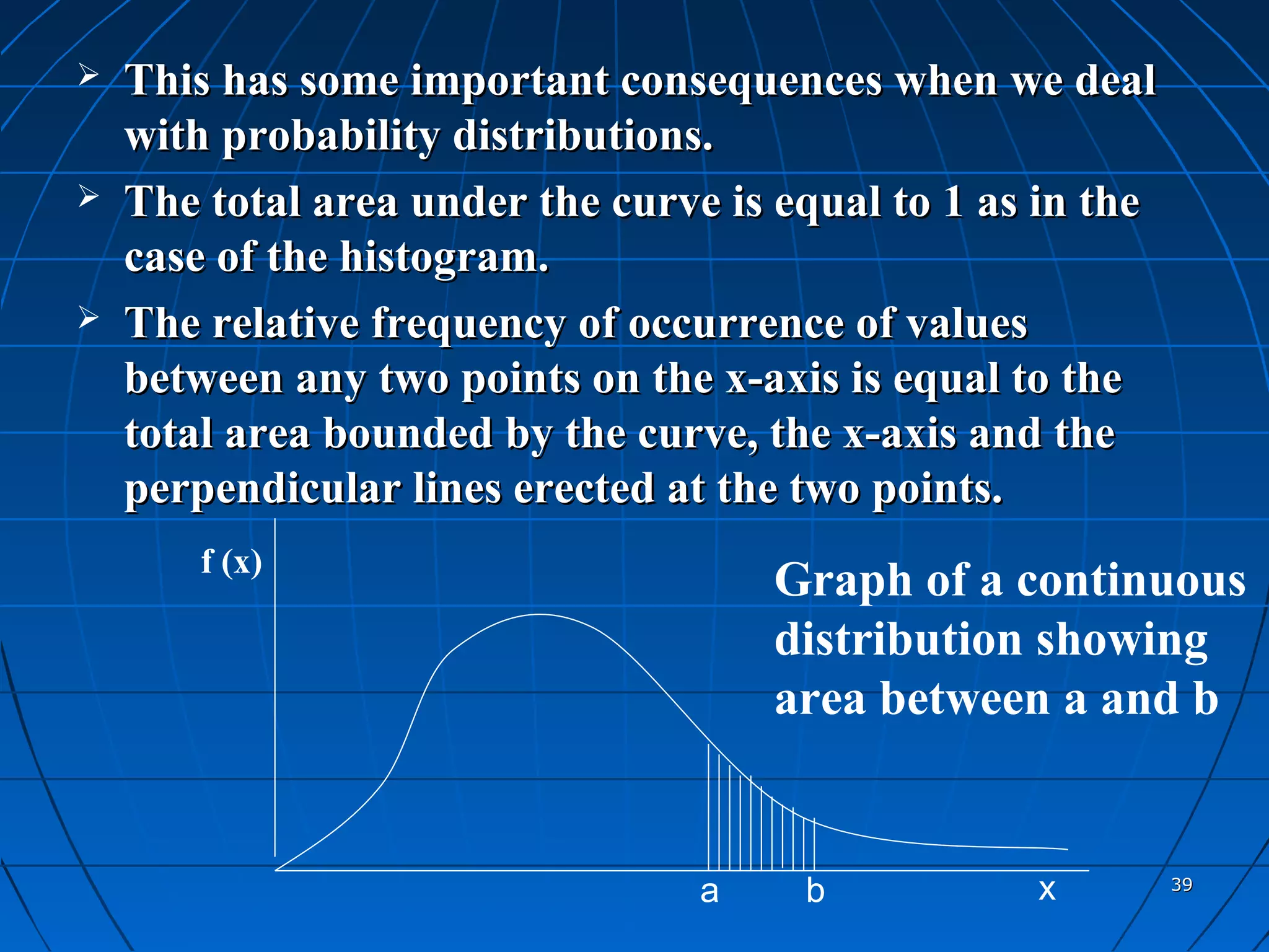    This has some important consequences when we deal
    with probability distributions.
   The total area under the curve is equal to 1 as in the
    case of the histogram.
   The relative frequency of occurrence of values
    between any two points on the x-axis is equal to the
    total area bounded by the curve, the x-axis and the
    perpendicular lines erected at the two points.
        f (x)
                                      Graph of a continuous
                                      distribution showing
                                      area between a and b


                                  a    b           x         39
 
