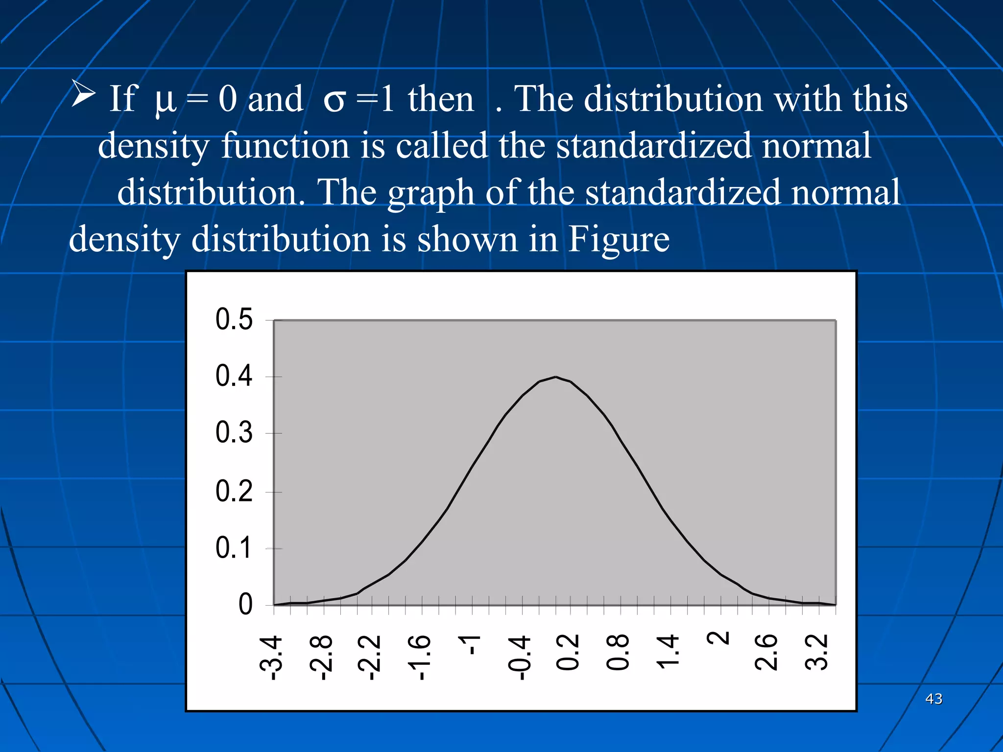  If µ = 0 and σ =1 then . The distribution with this
  density function is called the standardized normal
   distribution. The graph of the standardized normal
density distribution is shown in Figure

         0.5
         0.4
         0.3
         0.2
         0.1
          0


                                                                         2
                                           -1


                                                       0.2
                                                             0.8
                                                                   1.4


                                                                             2.6
                                                                                   3.2
               -3.4
                      -2.8
                             -2.2
                                    -1.6


                                                -0.4




                                                                                         43
 
