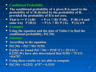    Conditional Probability
   The conditional probability of A given B is equal to the
    probability of A∩B divided by the probability of B,
    provided the probability of B is not zero.
   That is => P (A|B)     = P (A ∩ B)/ P (B), P (B) ≠ 0 and
    same way P (B|A)       = P (A ∩ B)/ P (A), P (A) ≠ 0
   Example:
   Using the equation and the date of Table-1 to find the
    conditional probability, P(C|M).
   Solution:
   According to the equation
   P(C|M) = P(C∩M)/ P(M)
   Earlier we found P(C∩M) = P(M∩C) = 25/111 =
    0.2252.We have also determined that P(M) = 75/111
    =0.6757.
   Using these results we are able to compute
   P(C|M) = 0.2252/ .6757 = 0.3333
                                                           14
 