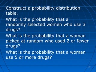 Construct a probability distribution
table.
What is the probability that a
randomly selected women who use 3
drugs?
What is the probability that a woman
picked at random who used 2 or fewer
drugs?
What is the probability that a woman
use 5 or more drugs?

                                   27
 