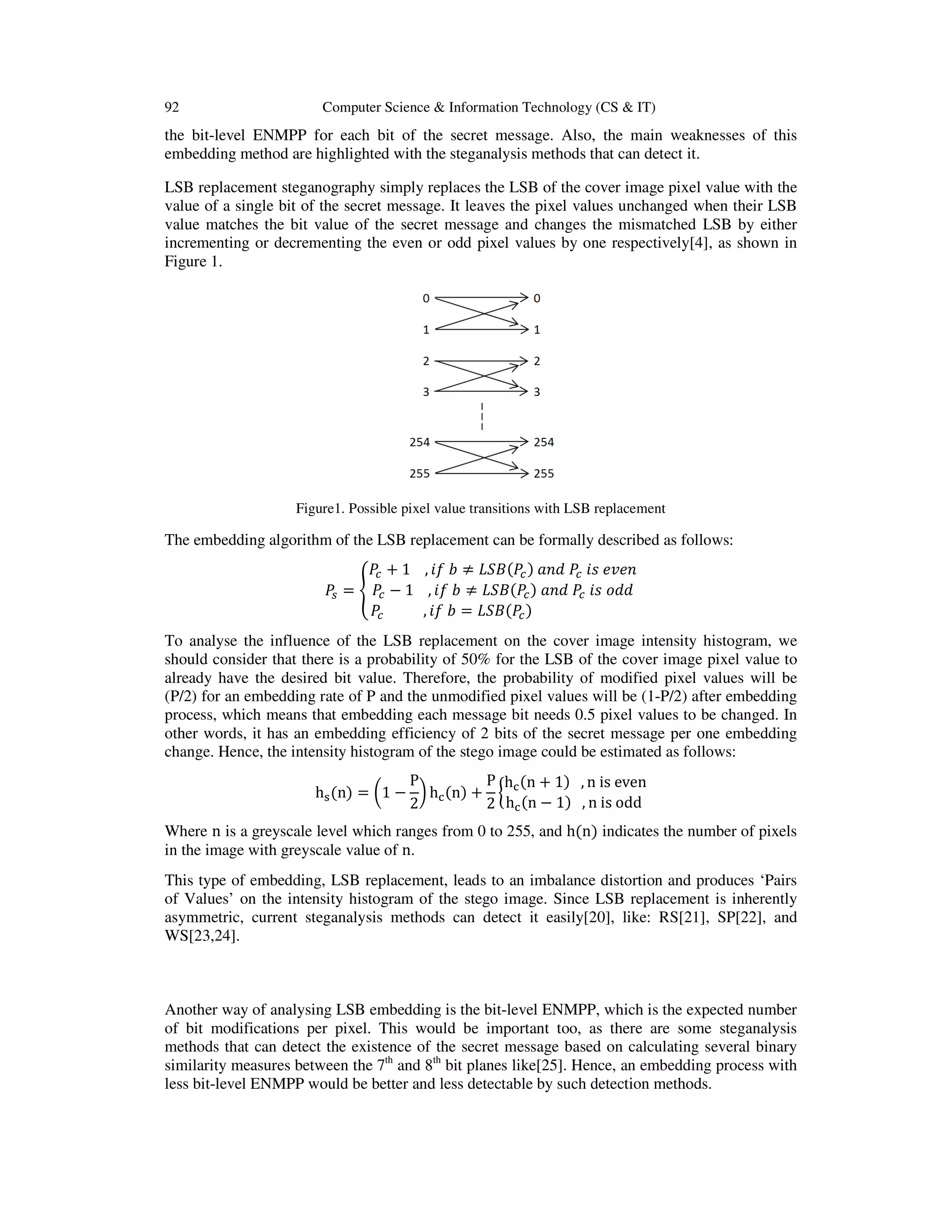 92 Computer Science & Information Technology (CS & IT)
the bit-level ENMPP for each bit of the secret message. Also, the main weaknesses of this
embedding method are highlighted with the steganalysis methods that can detect it.
LSB replacement steganography simply replaces the LSB of the cover image pixel value with the
value of a single bit of the secret message. It leaves the pixel values unchanged when their LSB
value matches the bit value of the secret message and changes the mismatched LSB by either
incrementing or decrementing the even or odd pixel values by one respectively[4], as shown in
Figure 1.
Figure1. Possible pixel value transitions with LSB replacement
The embedding algorithm of the LSB replacement can be formally described as follows:
ܲ௦ = ቐ
ܲ௖ + 1 , ݂݅ ܾ ≠ ‫ܤܵܮ‬ሺܲ௖ሻ ܽ݊݀ ܲ௖ ݅‫ݏ‬ ݁‫݊݁ݒ‬
ܲ௖ − 1 , ݂݅ ܾ ≠ ‫ܤܵܮ‬ሺܲ௖ሻ ܽ݊݀ ܲ௖ ݅‫ݏ‬ ‫݀݀݋‬
ܲ௖ , ݂݅ ܾ = ‫ܤܵܮ‬ሺܲ௖ሻ
To analyse the influence of the LSB replacement on the cover image intensity histogram, we
should consider that there is a probability of 50% for the LSB of the cover image pixel value to
already have the desired bit value. Therefore, the probability of modified pixel values will be
(P/2) for an embedding rate of P and the unmodified pixel values will be (1-P/2) after embedding
process, which means that embedding each message bit needs 0.5 pixel values to be changed. In
other words, it has an embedding efficiency of 2 bits of the secret message per one embedding
change. Hence, the intensity histogram of the stego image could be estimated as follows:
hୱሺnሻ = ൬1 −
P
2
൰ hୡሺnሻ +
P
2
൜
hୡሺn + 1ሻ , n is even
hୡሺn − 1ሻ , n is odd
Where n is a greyscale level which ranges from 0 to 255, and hሺnሻ indicates the number of pixels
in the image with greyscale value of n.
This type of embedding, LSB replacement, leads to an imbalance distortion and produces ‘Pairs
of Values’ on the intensity histogram of the stego image. Since LSB replacement is inherently
asymmetric, current steganalysis methods can detect it easily[20], like: RS[21], SP[22], and
WS[23,24].
Another way of analysing LSB embedding is the bit-level ENMPP, which is the expected number
of bit modifications per pixel. This would be important too, as there are some steganalysis
methods that can detect the existence of the secret message based on calculating several binary
similarity measures between the 7th
and 8th
bit planes like[25]. Hence, an embedding process with
less bit-level ENMPP would be better and less detectable by such detection methods.
 