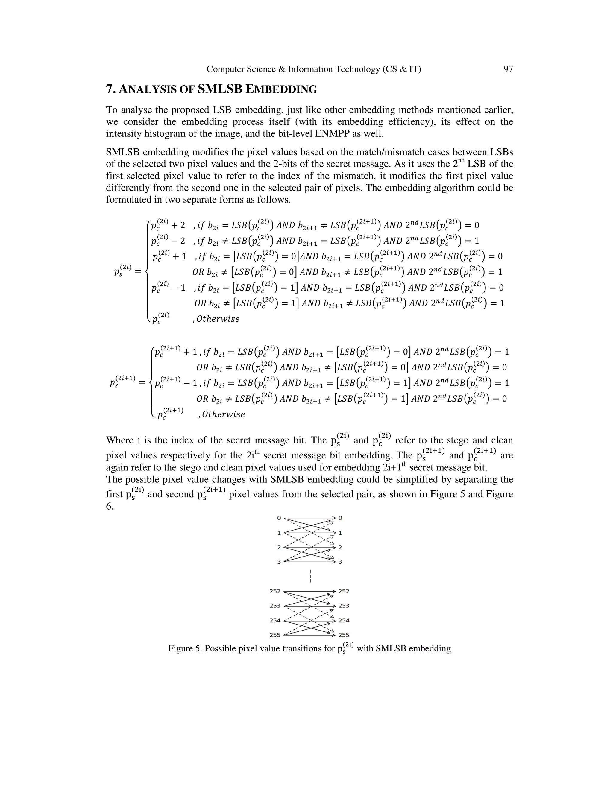 Computer Science & Information Technology (CS & IT) 97
7. ANALYSIS OF SMLSB EMBEDDING
To analyse the proposed LSB embedding, just like other embedding methods mentioned earlier,
we consider the embedding process itself (with its embedding efficiency), its effect on the
intensity histogram of the image, and the bit-level ENMPP as well.
SMLSB embedding modifies the pixel values based on the match/mismatch cases between LSBs
of the selected two pixel values and the 2-bits of the secret message. As it uses the 2nd
LSB of the
first selected pixel value to refer to the index of the mismatch, it modifies the first pixel value
differently from the second one in the selected pair of pixels. The embedding algorithm could be
formulated in two separate forms as follows.
‫݌‬௦
ሺଶ௜ሻ
=
‫ە‬
ۖ
ۖ
ۖ
‫۔‬
ۖ
ۖ
ۖ
‫ۓ‬‫݌‬௖
ሺଶ௜ሻ
+ 2 , ݂݅ ܾଶ௜ = ‫ܤܵܮ‬൫‫݌‬௖
ሺଶ௜ሻ
൯ ‫ܦܰܣ‬ ܾଶ௜ାଵ ≠ ‫ܤܵܮ‬൫‫݌‬௖
ሺଶ௜ାଵሻ
൯ ‫ܦܰܣ‬ 2௡ௗ
‫ܤܵܮ‬൫‫݌‬௖
ሺଶ௜ሻ
൯ = 0
‫݌‬௖
ሺଶ௜ሻ
− 2 , ݂݅ ܾଶ௜ ≠ ‫ܤܵܮ‬൫‫݌‬௖
ሺଶ௜ሻ
൯ ‫ܦܰܣ‬ ܾଶ௜ାଵ = ‫ܤܵܮ‬൫‫݌‬௖
ሺଶ௜ାଵሻ
൯ ‫ܦܰܣ‬ 2௡ௗ
‫ܤܵܮ‬൫‫݌‬௖
ሺଶ௜ሻ
൯ = 1
‫݌‬௖
ሺଶ௜ሻ
+ 1 , ݂݅ ܾଶ௜ = ൣ‫ܤܵܮ‬൫‫݌‬௖
ሺଶ௜ሻ
൯ = 0൧‫ܦܰܣ‬ ܾଶ௜ାଵ = ‫ܤܵܮ‬൫‫݌‬௖
ሺଶ௜ାଵሻ
൯ ‫ܦܰܣ‬ 2௡ௗ
‫ܤܵܮ‬൫‫݌‬௖
ሺଶ௜ሻ
൯ = 0
ܱܴ ܾଶ௜ ≠ ൣ‫ܤܵܮ‬൫‫݌‬௖
ሺଶ௜ሻ
൯ = 0൧ ‫ܦܰܣ‬ ܾଶ௜ାଵ ≠ ‫ܤܵܮ‬൫‫݌‬௖
ሺଶ௜ାଵሻ
൯ ‫ܦܰܣ‬ 2௡ௗ
‫ܤܵܮ‬൫‫݌‬௖
ሺଶ௜ሻ
൯ = 1
‫݌‬௖
ሺଶ௜ሻ
− 1 , ݂݅ ܾଶ௜ = ൣ‫ܤܵܮ‬൫‫݌‬௖
ሺଶ௜ሻ
൯ = 1൧ ‫ܦܰܣ‬ ܾଶ௜ାଵ = ‫ܤܵܮ‬൫‫݌‬௖
ሺଶ௜ାଵሻ
൯ ‫ܦܰܣ‬ 2௡ௗ
‫ܤܵܮ‬൫‫݌‬௖
ሺଶ௜ሻ
൯ = 0
ܱܴ ܾଶ௜ ≠ ൣ‫ܤܵܮ‬൫‫݌‬௖
ሺଶ௜ሻ
൯ = 1൧ ‫ܦܰܣ‬ ܾଶ௜ାଵ ≠ ‫ܤܵܮ‬൫‫݌‬௖
ሺଶ௜ାଵሻ
൯ ‫ܦܰܣ‬ 2௡ௗ
‫ܤܵܮ‬൫‫݌‬௖
ሺଶ௜ሻ
൯ = 1
‫݌‬௖
ሺଶ௜ሻ
, ܱ‫ݐ‬ℎ݁‫݁ݏ݅ݓݎ‬
‫݌‬௦
ሺଶ௜ାଵሻ
=
‫ە‬
ۖۖ
‫۔‬
ۖۖ
‫ۓ‬‫݌‬௖
ሺଶ௜ାଵሻ
+ 1 , ݂݅ ܾଶ௜ = ‫ܤܵܮ‬൫‫݌‬௖
ሺଶ௜ሻ
൯ ‫ܦܰܣ‬ ܾଶ௜ାଵ = ൣ‫ܤܵܮ‬൫‫݌‬௖
ሺଶ௜ାଵሻ
൯ = 0൧ ‫ܦܰܣ‬ 2௡ௗ
‫ܤܵܮ‬൫‫݌‬௖
ሺଶ௜ሻ
൯ = 1
ܱܴ ܾଶ௜ ≠ ‫ܤܵܮ‬൫‫݌‬௖
ሺଶ௜ሻ
൯ ‫ܦܰܣ‬ ܾଶ௜ାଵ ≠ ൣ‫ܤܵܮ‬൫‫݌‬௖
ሺଶ௜ାଵሻ
൯ = 0൧ ‫ܦܰܣ‬ 2௡ௗ
‫ܤܵܮ‬൫‫݌‬௖
ሺଶ௜ሻ
൯ = 0
‫݌‬௖
ሺଶ௜ାଵሻ
− 1 , ݂݅ ܾଶ௜ = ‫ܤܵܮ‬൫‫݌‬௖
ሺଶ௜ሻ
൯ ‫ܦܰܣ‬ ܾଶ௜ାଵ = ൣ‫ܤܵܮ‬൫‫݌‬௖
ሺଶ௜ାଵሻ
൯ = 1൧ ‫ܦܰܣ‬ 2௡ௗ
‫ܤܵܮ‬൫‫݌‬௖
ሺଶ௜ሻ
൯ = 1
ܱܴ ܾଶ௜ ≠ ‫ܤܵܮ‬൫‫݌‬௖
ሺଶ௜ሻ
൯ ‫ܦܰܣ‬ ܾଶ௜ାଵ ≠ ൣ‫ܤܵܮ‬൫‫݌‬௖
ሺଶ௜ାଵሻ
൯ = 1൧ ‫ܦܰܣ‬ 2௡ௗ
‫ܤܵܮ‬൫‫݌‬௖
ሺଶ௜ሻ
൯ = 0
‫݌‬௖
ሺଶ௜ାଵሻ
, ܱ‫ݐ‬ℎ݁‫݁ݏ݅ݓݎ‬
Where i is the index of the secret message bit. The pୱ
ሺଶ୧ሻ
and pୡ
ሺଶ୧ሻ
refer to the stego and clean
pixel values respectively for the 2ith
secret message bit embedding. The pୱ
ሺଶ୧ାଵሻ
and pୡ
ሺଶ୧ାଵሻ
are
again refer to the stego and clean pixel values used for embedding 2i+1th
secret message bit.
The possible pixel value changes with SMLSB embedding could be simplified by separating the
first pୱ
ሺଶ୧ሻ
and second pୱ
ሺଶ୧ାଵሻ
pixel values from the selected pair, as shown in Figure 5 and Figure
6.
Figure 5. Possible pixel value transitions for pୱ
ሺଶ୧ሻ
with SMLSB embedding
 