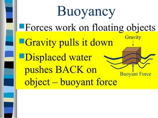 Buoyancy
Forces  work on floating objects
                          Gravity
Gravity pulls it down
Displaced water
 pushes BACK on         Buoyant Force
 object – buoyant force
 