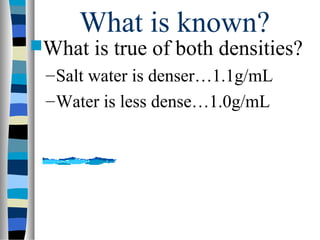 What is known?
What   is true of both densities?
 – Salt water is denser…1.1g/mL
 – Water is less dense…1.0g/mL
 