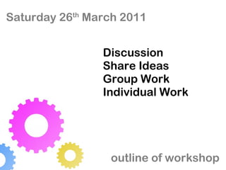 Discussion Share Ideas Group Work Individual Work x Saturday 26 th  March 2011 outline of workshop 