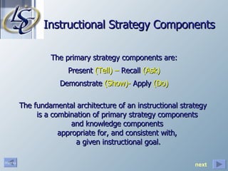 Instructional Strategy Components The primary strategy components are: Present  (Tell) –  Recall  (Ask) Demonstrate  (Show)-  Apply  (Do) The fundamental architecture of an instructional strategy  is a combination of primary strategy components  and knowledge components  appropriate for, and consistent with,  a given instructional goal. next 