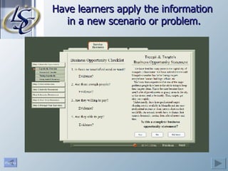 Have learners apply the information  in a new scenario or problem. 