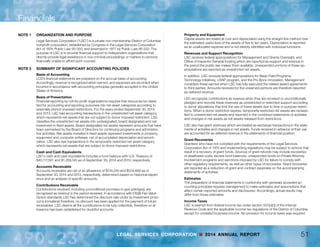 Financials
LEGAL SERVICES CORPORATION n 2014 ANNUAL REPORT50
Statement of Cash Flows
Year Ended September 30, 2014 and 2013
				
CASH FLOWS FROM OPERATING ACTIVITIES	 2014 	 2013
Change in net assets 	 $ 3,990,225	 $ (1,611,855)
Adjustments to reconcile change in net assets to net cash
	 and cash equivalents provided by operating activities:
		 Depreciation and amoritzation 	 262,709 	 315,820
		 Loss on disposal of assets 	 544 	 -
Changes in assets and liabilities:
	 Accounts receivable 	 12,138 	 (12,600)
	 Prepaid expenses and deposits 	 (76,744) 	 (53,965)
	 Grants and contracts payable 	 (2,620,296) 	 (3,986,334)
	 Accounts payable 	 (295,616) 	 (367,451)
	 Accrued vacation and other liabilities 	 46,972 	 (126,955)
	 Deferred revenue 	 1,874,374 	 (3,044,274)
		 Net cash used by operations 	 (2,407,774) 	 (6,351,618)
CASH FLOWS FROM INVESTING ACTIVITIES
	 Purchase of property and equipment 	 (88,548) 	 (199,383)
		 Net cash used by investing activities 	 (88,548) 	 (199,383)
Net decrease in cash and cash equivalents 	 (2,496,322) 	 (6,551,001)
CASH AND CASH EQUIVALENTS
	 Beginning of year 	 73,577,157 	 80,128,158
	 End of year 	 $ 71,080,835 	 $ 73,577,157
SUPPLEMENTAL INFORMATION
	 Income taxes paid 	 $ 0 	 $ 0
	 Interest paid 	 $ 0 	 $ 0
Statement of Activities and Change in Net Assets
Year Ended September 30, 2013
				 Temporarily
SUPPORT and REVENUES 	 Unrestricted 	 Restricted 	 Total
	 Federal appropriations 	 $ 339,926,164	 $ 950,000 	 $ 340,876,164
	 Grant revenue 	 2,519,572 	 -	 2,519,572
	 Other income 	 29,657 	 - 	 29,657
	 Change in deferred revenue 	 (1,874,374) 	 -	 (1,874,374)
	 Net assets released from restriction 	 961,119 	 (961,119)	
Total Revenue 	 341,562,138	 (11,119) 	 341,551,019
EXPENSES	 	
	 Program services
		 Grants and contracts 	 320,928,559	 -	 320,928,559
		 Herbert S. Garten Loan Repayment 			
			 Assistance Program 	 1,095,858 	 -	 1,095,858
	 Supporting services
		 Management and grants oversight 	 16,497,513 	 -	 16,497,513
		 Office of Inspector General 	 4,599,697 	 -	 4,599,697
		 Fundraising 	 41,247 	 -	 41,247
Total Expenses 	 343,162,874 	 - 	 343,162,874
Change in net assets 	 (1,600,736)		 (11,119)	 (1,611,855)	
Net assets, beginning of year	 8,654,560 	 287,191 	 8,941,751	
Net assets, end of year	 $ 7,053,824 	 $ 276,072 	 $ 7,329,896	
The Notes to Financial Statements are an integral part of these statements.
 