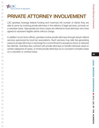 PrivateAttorneyInvolvement
26
LSC grantees leverage federal funding and maximize the number of clients they are
able to serve by involving private attorneys in the delivery of legal services, primarily on
a volunteer basis. Appropriate pro bono cases are referred to local attorneys who have
agreed to represent eligible clients without charge.
In addition to pro bono efforts, grantees involve private attorneys through lawyer referral
services sponsored by local bar associations. Such services may refer fee-generating
cases to private attorneys in exchange for a commitment to accept pro bono or reduced
fee referrals. Grantees also contract with private attorneys to handle individual cases or
certain categories of cases, or involve private attorneys as co-counsel in complex cases
on a volunteer or contract basis.
PRIVATE ATTORNEY INVOLVEMENT
LEGALSERVICESCORPORATIONn2014LSCBYTHENUMBERS
 