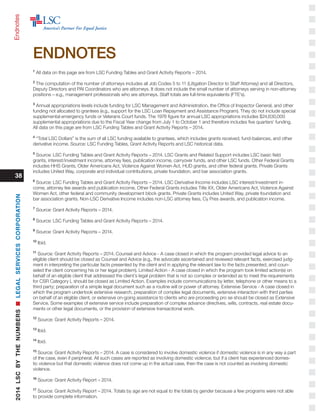 1
All data on this page are from LSC Funding Tables and Grant Activity Reports – 2014.
2
The computation of the number of attorneys includes all Job Codes 5 to 11 (Litigation Director to Staff Attorney) and all Directors,
Deputy Directors and PAI Coordinators who are attorneys. It does not include the small number of attorneys serving in non-attorney
positions – e.g., management professionals who are attorneys. Staff totals are full-time equivalents (FTE’s).
3
Annual appropriations levels include funding for LSC Management and Administration, the Office of Inspector General, and other
funding not allocated to grantees (e.g., support for the LSC Loan Repayment and Assistance Program). They do not include special
supplemental emergency funds or Veterans Court funds. The 1976 figure for annual LSC appropriations includes $24,630,000
supplemental appropriations due to the Fiscal Year change from July 1 to October 1 and therefore includes five quarters’ funding.
All data on this page are from LSC Funding Tables and Grant Activity Reports – 2014.
4
“Total LSC Dollars” is the sum of all LSC funding available to grantees, which includes grants received, fund-balances, and other
derivative income. Source: LSC Funding Tables, Grant Activity Reports and LSC historical data.
5
Source: LSC Funding Tables and Grant Activity Reports – 2014. LSC Grants and Related Support includes LSC basic field
grants, interest/investment income, attorney fees, publication income, carryover funds, and other LSC funds. Other Federal Grants
includes HHS Grants, Older Americans Act, Violence Against Women Act, HUD grants, and other federal grants. Private Grants
includes United Way, corporate and individual contributions, private foundation, and bar association grants.
6
Source: LSC Funding Tables and Grant Activity Reports – 2014. LSC Derivative Income includes LSC interest/investment in-
come, attorney fee awards and publication income. Other Federal Grants includes Title XX, Older Americans Act, Violence Against
Women Act, other federal and community development block grants. Private Grants includes United Way, private foundation and
bar association grants. Non-LSC Derivative Income includes non-LSC attorney fees, Cy Pres awards, and publication income.
7
Source: Grant Activity Reports – 2014.
8
Source: LSC Funding Tables and Grant Activity Reports – 2014.
9
Source: Grant Activity Reports – 2014.
10
Ibid.
11
Source: Grant Activity Reports – 2014. Counsel and Advice - A case closed in which the program provided legal advice to an
eligible client should be closed as Counsel and Advice (e.g., the advocate ascertained and reviewed relevant facts, exercised judg-
ment in interpreting the particular facts presented by the client and in applying the relevant law to the facts presented, and coun-
seled the client concerning his or her legal problem). Limited Action - A case closed in which the program took limited action(s) on
behalf of an eligible client that addressed the client’s legal problem that is not so complex or extended as to meet the requirements
for CSR Category L should be closed as Limited Action. Examples include communications by letter, telephone or other means to a
third party; preparation of a simple legal document such as a routine will or power of attorney. Extensive Service - A case closed in
which the program undertook extensive research, preparation of complex legal documents, extensive interaction with third parties
on behalf of an eligible client, or extensive on-going assistance to clients who are proceeding pro se should be closed as Extensive
Service. Some examples of extensive service include preparation of complex advance directives, wills, contracts, real estate docu-
ments or other legal documents, or the provision of extensive transactional work.
12
Source: Grant Activity Reports – 2014.
13
Ibid.
14
Ibid.
15
Source: Grant Activity Reports – 2014. A case is considered to involve domestic violence if domestic violence is in any way a part
of the case, even if peripheral. All such cases are reported as involving domestic violence, but if a client has experienced domes-
tic violence but that domestic violence does not come up in the actual case, then the case is not counted as involving domestic
violence.
16
Source: Grant Activity Report – 2014.
17
Source: Grant Activity Report – 2014. Totals by age are not equal to the totals by gender because a few programs were not able
to provide complete information.
ENDNOTES
38
Endnotes2014LSCBYTHENUMBERSnLEGALSERVICESCORPORATION
 