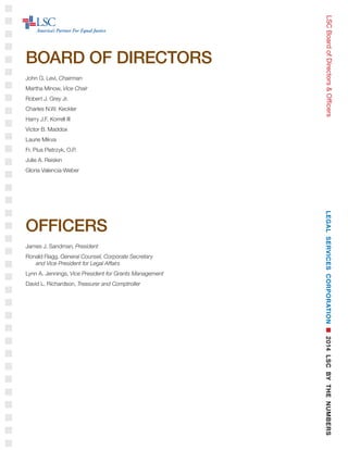 2014 LEGAL SERVICES CORPORATION
BY THE NUMBERS:
The Data Underlying Legal Aid Programs
Legal Services Corporation
3333 K Street, NW
Washington, DC 20007
www.lsc.gov
 