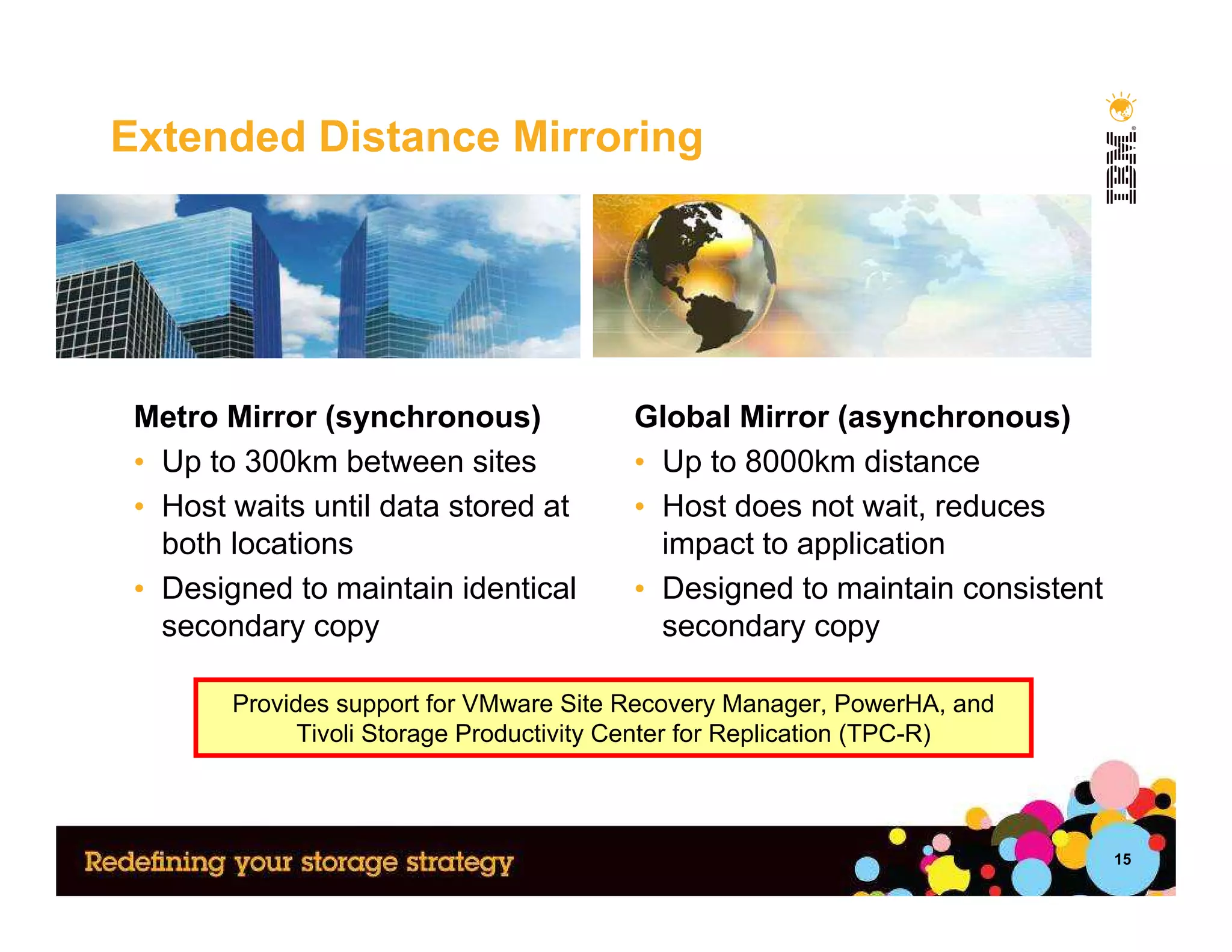 Extended Distance Mirroring




 Metro Mirror (synchronous)              Global Mirror (asynchronous)
 • Up to 300km between sites             • Up to 8000km distance
 • Host waits until data stored at       • Host does not wait, reduces
   both locations                          impact to application
 • Designed to maintain identical        • Designed to maintain consistent
   secondary copy                          secondary copy

        Provides support for VMware Site Recovery Manager, PowerHA, and
              Tivoli Storage Productivity Center for Replication (TPC-R)



                                                                             15
 