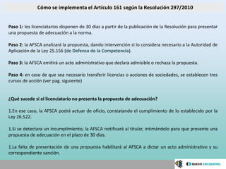 Cómo se implementa el Artículo 161 según la Resolución 297/2010


Paso 1: los licenciatarios disponen de 30 días a partir de la publicación de la Resolución para presentar
una propuesta de adecuación a la norma.

Paso 2: la AFSCA analizará la propuesta, dando intervención si lo considera necesario a la Autoridad de
Aplicación de la Ley 25.156 (de Defensa de la Competencia).

Paso 3: la AFSCA emitirá un acto administrativo que declara admisible o rechaza la propuesta.

Paso 4: en caso de que sea necesario transferir licencias o acciones de sociedades, se establecen tres
cursos de acción (ver pag. siguiente)


¿Qué sucede si el licenciatario no presenta la propuesta de adecuación?

1.En ese caso, la AFSCA podrá actuar de oficio, constatando el cumplimiento de lo establecido por la
Ley 26.522.

1.Si se detectara un incumplimiento, la AFSCA notificará al titular, intimándolo para que presente una
propuesta de adecuación en el plazo de 30 días.

1.La falta de presentación de una propuesta habilitará al AFSCA a dictar un acto administrativo y su
correspondiente sanción.
 