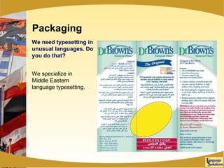 Packaging We need typesetting in unusual languages. Do you do that? We specialize in Middle Eastern language typesetting. 