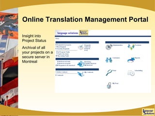 Online Translation Management Portal Insight into Project Status  Archival of all your projects on a secure server in Montreal 
