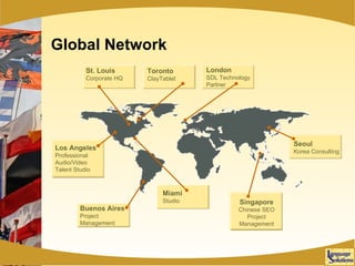 Global Network St. Louis Corporate HQ Toronto ClayTablet  London SDL Technology Partner Los Angeles Professional Audio/Video Talent Studio Buenos Aires Project Management Miami Studio Seoul Korea Consulting Singapore Chinese SEO Project Management 