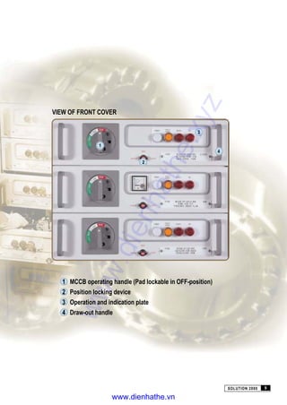 VIEW OF FRONT COVER
3
1
2
4
1 MCCB operating handle (Pad lockable in OFF-position)
2 Position locking device
3 Operation and indication plate
4 Draw-out handle
SOLUTION 2000 9
www.dienhathe.xyz
www.dienhathe.vn
 