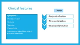 Clinical features
1
• Conjunctivalization
2
• Neovascularization
3
• Chronic inflammation
Symptoms –
• Decreased vision
• Redness
• Watering
• Photophobia
• Recurrent attacks of Pain (due to
epithelial breakdown
TRIAD
 