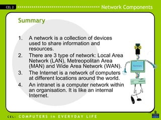 A network is a collection of devices used to share information and resources. There are 3 type of network: Local Area Network (LAN), Metreopolitan Area (MAN) and Wide Area Network (WAN). The Internet is a network of computers at different locations around the world. An intranet is a computer network within an organisation. It is like an internal Internet. Summary 