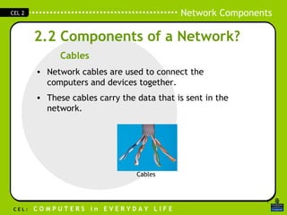 2.2 Components of a Network? Cables Network cables are used to connect the computers and devices together. These cables carry the data that is sent in the network. Cables 