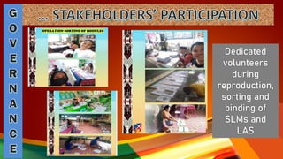 Dedicated
volunteers
during
reproduction,
sorting and
binding of
SLMs and
LAS
 