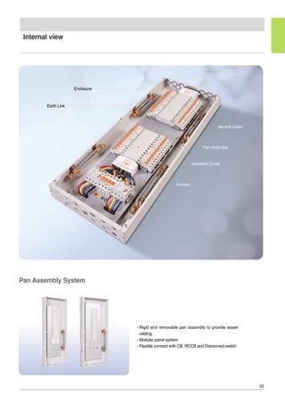 43
Internal view
Pan Assembly System
- Rigid and removable pan assembly to provide easier
cabling
- Modular panel system
- Flexible connect with CB, RCCB and Disconnect switch
Enclosure
Earth Link
Neutral Linker
Pan Assembly
Insulation Cover
Incomer
 