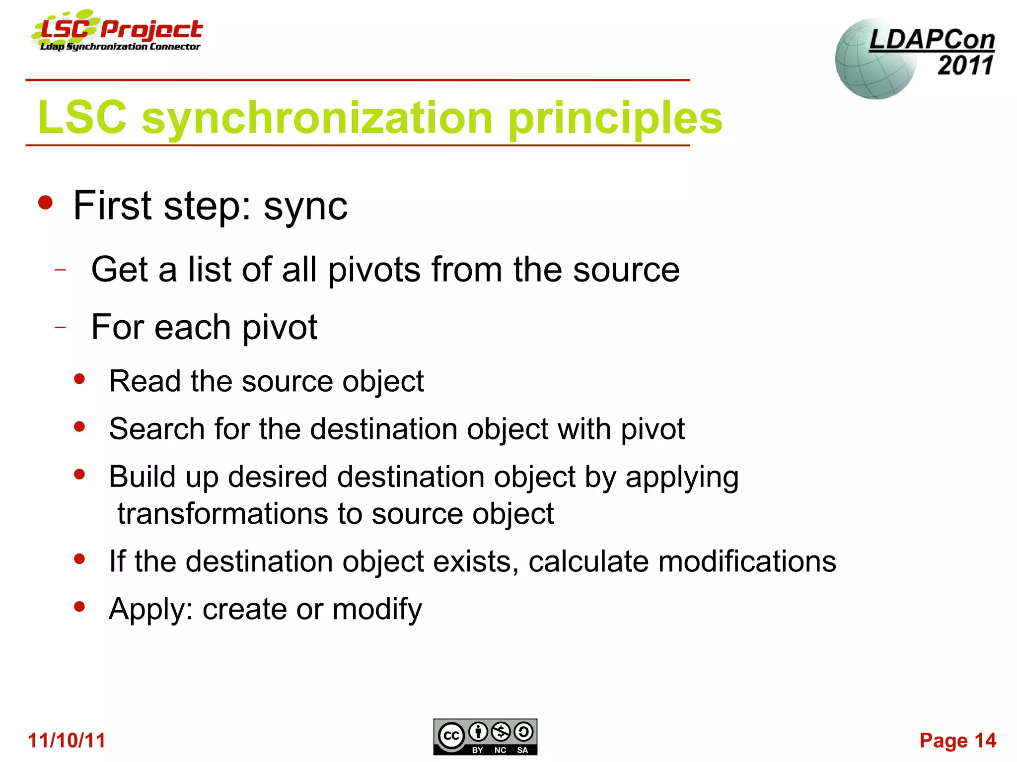 LSC synchronization principles
     First step: sync
  −       Get a list of all pivots from the source
  −       For each pivot
          Read the source object
          Search for the destination object with pivot
          Build up desired destination object by applying
           transformations to source object
          If the destination object exists, calculate modifications
          Apply: create or modify



11/10/11                                                               Page 14
 