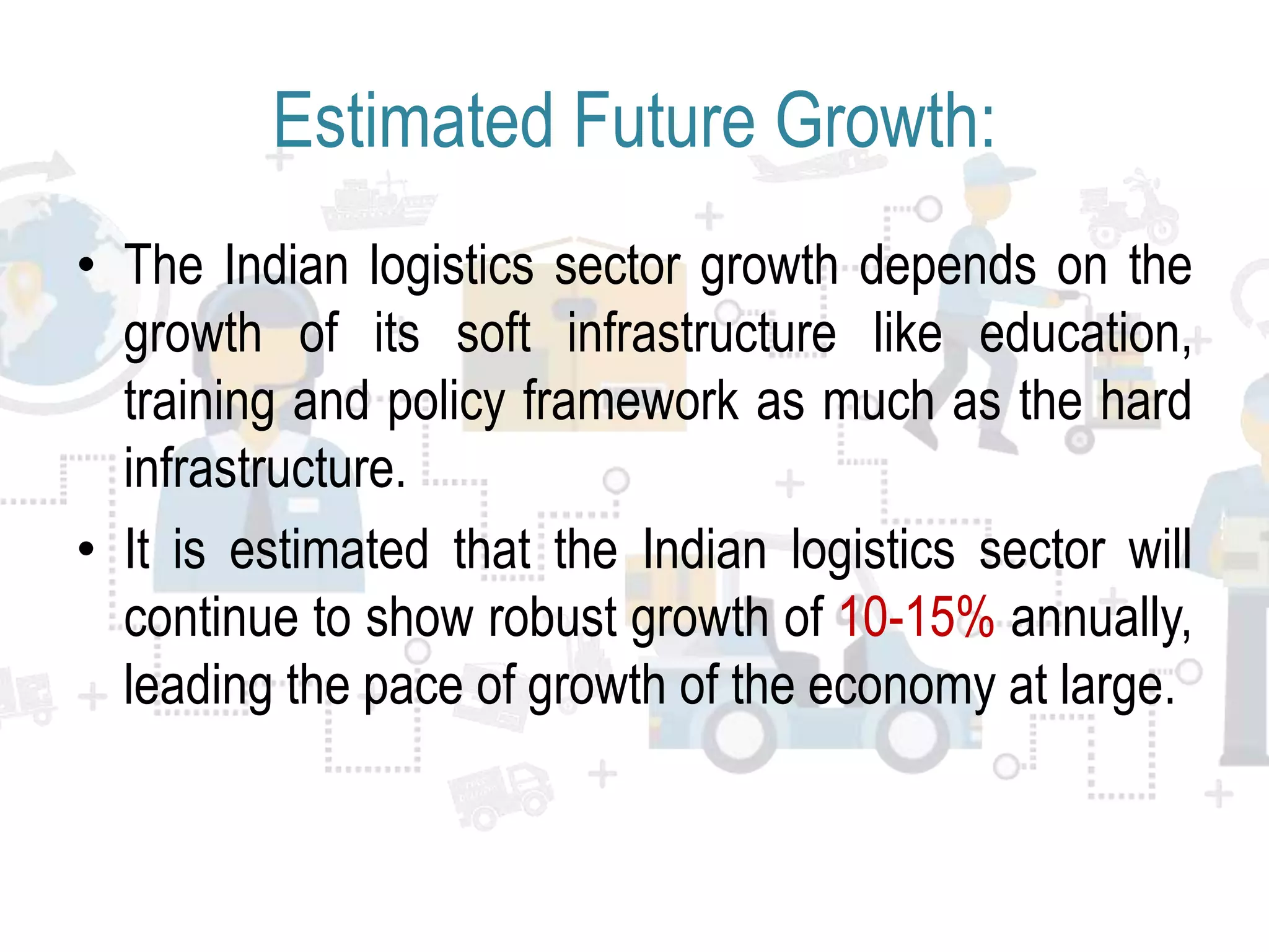 Estimated Future Growth:
• The Indian logistics sector growth depends on the
growth of its soft infrastructure like education,
training and policy framework as much as the hard
infrastructure.
• It is estimated that the Indian logistics sector will
continue to show robust growth of 10-15% annually,
leading the pace of growth of the economy at large.
 