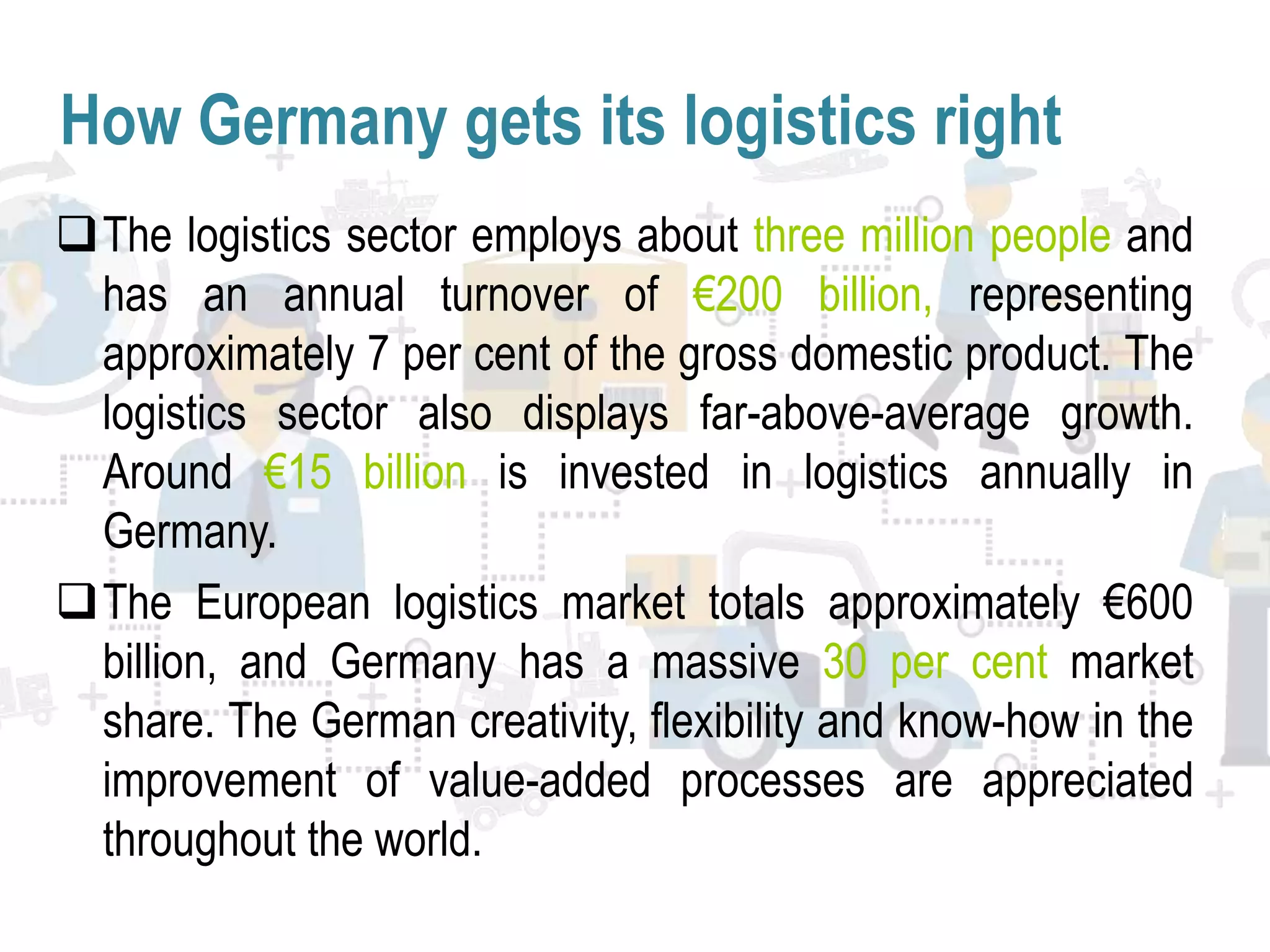 How Germany gets its logistics right
The logistics sector employs about three million people and
has an annual turnover of €200 billion, representing
approximately 7 per cent of the gross domestic product. The
logistics sector also displays far-above-average growth.
Around €15 billion is invested in logistics annually in
Germany.
The European logistics market totals approximately €600
billion, and Germany has a massive 30 per cent market
share. The German creativity, flexibility and know-how in the
improvement of value-added processes are appreciated
throughout the world.
 