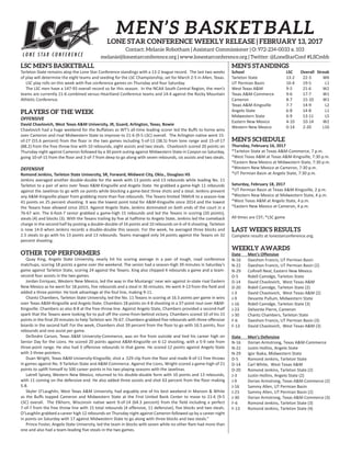 LSC MEN’S BASKETBALL
Tarleton State remains atop the Lone Star Conference standings with a 13-2 league record. The last two weeks
of play will determine the eight teams and seeding for the LSC Championship, set for March 2-5 in Allen, Texas.
LSC play rolls on this week with five conference games on Thursday and four Saturday.
The LSC men have a 147-93 overall record so far this season. In the NCAA South Central Region, the men’s
teams are currently 21-6 combined versus Heartland Conference teams and 14-4 against the Rocky Mountain
Athletic Conference.
PLAYERS OF THE WEEK
OFFENSIVE
David Chavlovich, West Texas A&M University, JR, Guard, Arlington, Texas, Bowie
Chavlovich had a huge weekend for the Buffaloes as WT’s all-time leading scorer led the Buffs to home wins
over Cameron and rival Midwestern State to improve to 21-6 (9-5 LSC) overall. The Arlington native went 15-
of-27 (55.6 percent) from the floor in the two games including 5-of-13 (38.5) from lone range and 15-of-17
(88.2) from the free throw line with 10 rebounds, eight assists and two steals. Chavlovich scored 20 points on
Thursday night against Cameron followed by a 30 point outing against Midwestern State in Canyon on Saturday,
going 10-of-15 from the floor and 3-of-7 from deep to go along with seven rebounds, six assists and two steals.
DEFENSIVE
Romond Jenkins, Tarleton State University, SR, Forward, Midwest City, Okla., Douglass HS
Jenkins averaged another double-double for the week with 13 points and 13 rebounds while leading No. 11
Tarleton to a pair of wins over Texas A&M-Kingsville and Angelo State. He grabbed a game-high 11 rebounds
against the Javelinas to go with six points while blocking a game-best three shots and a steal. Jenkins prevent
any A&M-Kingsville player from grabbing more than five rebounds. The Texans limited TAMUK to a season-low
41 points on 25 percent shooting. It was the lowest point total for A&M-Kingsville since 2014 and the lowest
the Texans have allowed since 2013. Against Angelo State, Jenkins dominated on both ends of the court in a
76-67 win. The 6-foot-7 senior grabbed a game-high 15 rebounds and led the Texans in scoring (20 points),
steals (4) and blocks (3). With the Texans trailing by five at halftime to Angelo State, Jenkins led the comeback
charge in the second half by posting a double-double of 16 points and 10 rebounds on 6-of-6 shooting. Tarleton
is now 14-0 when Jenkins records a double-double this season. For the week, he averaged three blocks and
2.5 steals to go with his 13 points and 13 rebounds. Teams managed only 54 points against the Texans on 32
percent shooting.
OTHER TOP PERFORMERS
Quay King, Angelo State University, nearly hit his scoring average in a pair of tough, road conference
matchups, scoring 18 points a game over the weekend. The senior had a season-high 39 minutes in Saturday’s
game against Tarleton State, scoring 24 against the Texans. King also chipped 4 rebounds a game and a team-
second four assists in the two games.
Jordan Enriquez, Western New Mexico, led the way in the Mustangs’ near win against in-state rival Eastern
New Mexico as he went for 18 points, five rebounds and a steal in 36 minutes. He went 4-13 from the field and
added a three-pointer. He took advantage at the foul line, making 9-11.
Chantz Chambers, Tarleton State University, led the No. 11 Texans in scoring at 16.5 points per game in wins
over Texas A&M-Kingsville and Angelo State. Chambers 18 points on 4-8 shooting in a 37-point rout over A&M-
Kingsville. Chambers as also 8-8 at the free-throw line. Against Angelo State, Chambers provided a second-half
spark that the Texans were looking for to pull off the come-from-behind victory. Chambers scored 10 of his 15
points in the final 20 minutes to help Tarleton win 76-67. Chambers grabbed five rebounds with three offensive
boards in the second half. For the week, Chambers shot 39 percent from the floor to go with 16.5 points, four
rebounds and one assist per game.
De’Andre Carson, Texas A&M University-Commerce, was on fire from outside and tied his career high on
Senior Day for the Lions. He scored 20 points against A&M-Kingsville on 6-12 shooting, with a 5-9 rate from
three-point range. He also had 3 offensive rebounds in that game. He scored 12 points against Angelo State
with 3 three-pointers.
Duan Wright, Texas A&M University-Kingsville, shot a .529 clip from the floor and made 8-of-11 free throws
in games against No. 9 Tarleton State and A&M-Commerce. Against the Lions, Wright scored a game-high of 21
points to uplift himself to 500 career points in his two playing seasons with the Javelinas.
Latrell Spivey, Western New Mexico, returned to his double-double form with 10 points and 13 rebounds,
with 11 coming on the defensive end. He also added three assists and shot 63 percent from the floor making
5-8.
Skyler O’Laughlin, West Texas A&M University, had arguably one of his best weekend in Maroon & White
as the Buffs topped Cameron and Midwestern State at the First United Bank Center to move to 21-6 (9-5
LSC) overall. The Elkhorn, Wisconsin native went 9-of-14 (64.3 percent) from the field including a perfect
7-of-7 from the free throw line with 15 total rebounds (4 offensive, 11 defensive), five blocks and two steals.
O’Laughlin grabbed a career high 12 rebounds on Thursday night against Cameron followed up by a career night
in points on Saturday with 17 against Midwestern State to go along with three blocks and two steals.”
Prince Foster, Angelo State University, led the team in blocks with seven while no other Ram had more than
one and also had a team-leading five steals in the two games.
MEN’S STANDINGS
School LSC Overall Streak
Tarleton State 13-2 22-3 W6
UT Permian Basin 10-4 19-5 L1
West Texas A&M 9-5 21-6 W2
Texas A&M-Commerce 9-6 17-7 W1
Cameron 8-7 15-10 W1
Texas A&M-Kingsville 7-7 14-9 L2
Angelo State 6-8 14-8 L1
Midwestern State 6-9 13-11 L5
Eastern New Mexico 4-10 10-14 W2
Western New Mexico 0-14 2-20 L10
MEN’S SCHEDULE
Thursday, February 16, 2017
*Tarleton State at Texas A&M-Commerce, 7 p.m.
*West Texas A&M at Texas A&M-Kingsville, 7:30 p.m.
*Eastern New Mexico at Midwestern State, 7:30 p.m.
*Western New Mexico at Cameron, 7:30 p.m.
*UT Permian Basin at Angelo State, 7:30 p.m.
Saturday, February 18, 2017
*UT Permian Basin at Texas A&M-Kingsville, 2 p.m.
*Western New Mexico at Midwestern State, 4 p.m.
*West Texas A&M at Angelo State, 4 p.m.
*Eastern New Mexico at Cameron, 4 p.m.
All mes are CST; *LSC game
LAST WEEK’S RESULTS
Complete results at lonestarconference.org.
WEEKLY AWARDS
Date Men’s Offensive
N-16 Daeshon Francis, UT Permian Basin
N-22 Daeshon Francis, UT Permian Basin (2)
N-29 CoRnell Neal, Eastern New Mexico
D-5 Ridell Camidge, Tarleton State
D-14 David Chavlovich, West Texas A&M
D-20 Ridell Camidge, Tarleton State (2)
J-3 David Chavlovich, West Texas A&M (2)
J-9 Devante Pullum, Midwestern State
J-16 Ridell Camidge, Tarleton State (3)
J-23 Delvonte Pierre, Cameron
J-30 Chantz Chambers, Tarleton State
F-6 Daeshon Francis, UT Permian Basin (3)
F-13 David Chavlovich, West Texas A&M (3)
Date Men’s Defensive
N-16 Dorian Armstrong, Texas A&M-Commerce
N-22 Justin Hollins, Angelo State
N-29 Igor Ibaka, Midwestern State
D-5 Romond Jenkins, Tarleton State
D-14 Carl White, West Texas A&M
D-20 Romond Jenkins, Tarleton State (2)
J-3 Justin Hollins, Angelo State (2)
J-9 Dorian Armstrong, Texas A&M-Commerce (2)
J-16 Sammy Allen, UT Permian Basin
J-23 Sammy Allen, UT Permian Basin (2)
J-30 Dorian Armstrong, Texas A&M-Commerce (3)
F-6 Romond Jenkins, Tarleton State (3)
F-13 Romond Jenkins, Tarleton State (4)
MEN’S BASKETBALL
LONE STAR CONFERENCE WEEKLY RELEASE | FEBRUARY 13, 2017
Contact: Melanie Robotham | Assistant Commissioner | O: 972-234-0033 x. 103
melanie@lonestarconference.org | www.lonestarconference.org | Twitter: @LoneStarConf #LSCmbb
 