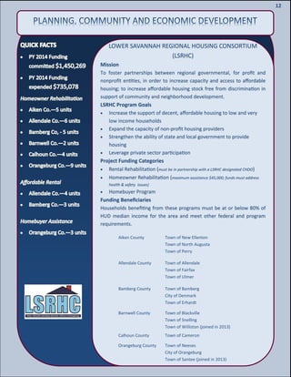14
14
12
LOWER SAVANNAH REGIONAL HOUSING CONSORTIUM
(LSRHC)
Mission
To foster partnerships between regional governmental, for profit and
nonprofit entities, in order to increase capacity and access to affordable
housing; to increase affordable housing stock free from discrimination in
support of community and neighborhood development.
LSRHC Program Goals
 Increase the support of decent, affordable housing to low and very
low income households
 Expand the capacity of non-profit housing providers
 Strengthen the ability of state and local government to provide
housing
 Leverage private sector participation
Project Funding Categories
 Rental Rehabilitation (must be in partnership with a LSRHC designated CHDO)
 Homeowner Rehabilitation (maximum assistance $45,000; funds must address
health & safety issues)
 Homebuyer Program
Funding Beneficiaries
Households benefiting from these programs must be at or below 80% of
HUD median income for the area and meet other federal and program
requirements.
Aiken County Town of New Ellenton
Town of North Augusta
Town of Perry
Allendale County Town of Allendale
Town of Fairfax
Town of Ulmer
Bamberg County Town of Bamberg
City of Denmark
Town of Erhardt
Barnwell County Town of Blackville
Town of Snelling
Town of Williston (joined in 2013)
Calhoun County Town of Cameron
Orangeburg County Town of Neeses
City of Orangeburg
Town of Santee (joined in 2013)
 