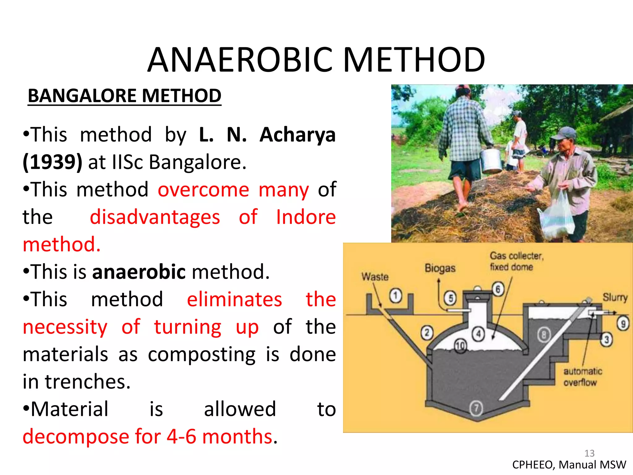 ANAEROBIC METHOD
13
BANGALORE METHOD
•This method by L. N. Acharya
(1939) at IISc Bangalore.
•This method overcome many of
the disadvantages of Indore
method.
•This is anaerobic method.
•This method eliminates the
necessity of turning up of the
materials as composting is done
in trenches.
•Material is allowed to
decompose for 4-6 months.
CPHEEO, Manual MSW
 