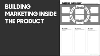 BUILDING
MARKETING INSIDE
THE PRODUCT
CUSTOMER ENGAGEMENT- How do we make people advocate the service
Key activities:
What Key Activities do our Value Propositions require?
Our Distribution Channels?
Customer Relationships?
Revenue streams?
Key resources:
What Key Resources do our Value Propositions require?
Our Distribution Channels? Customer Relationships?
Revenue Streams?
Key partners:
Who are our Key Partners?
Who are our key suppliers?
Which Key Resources are we acquiring from partners?
Which Key Activities do partners perform?
LEAN SERVICE CREATION
 